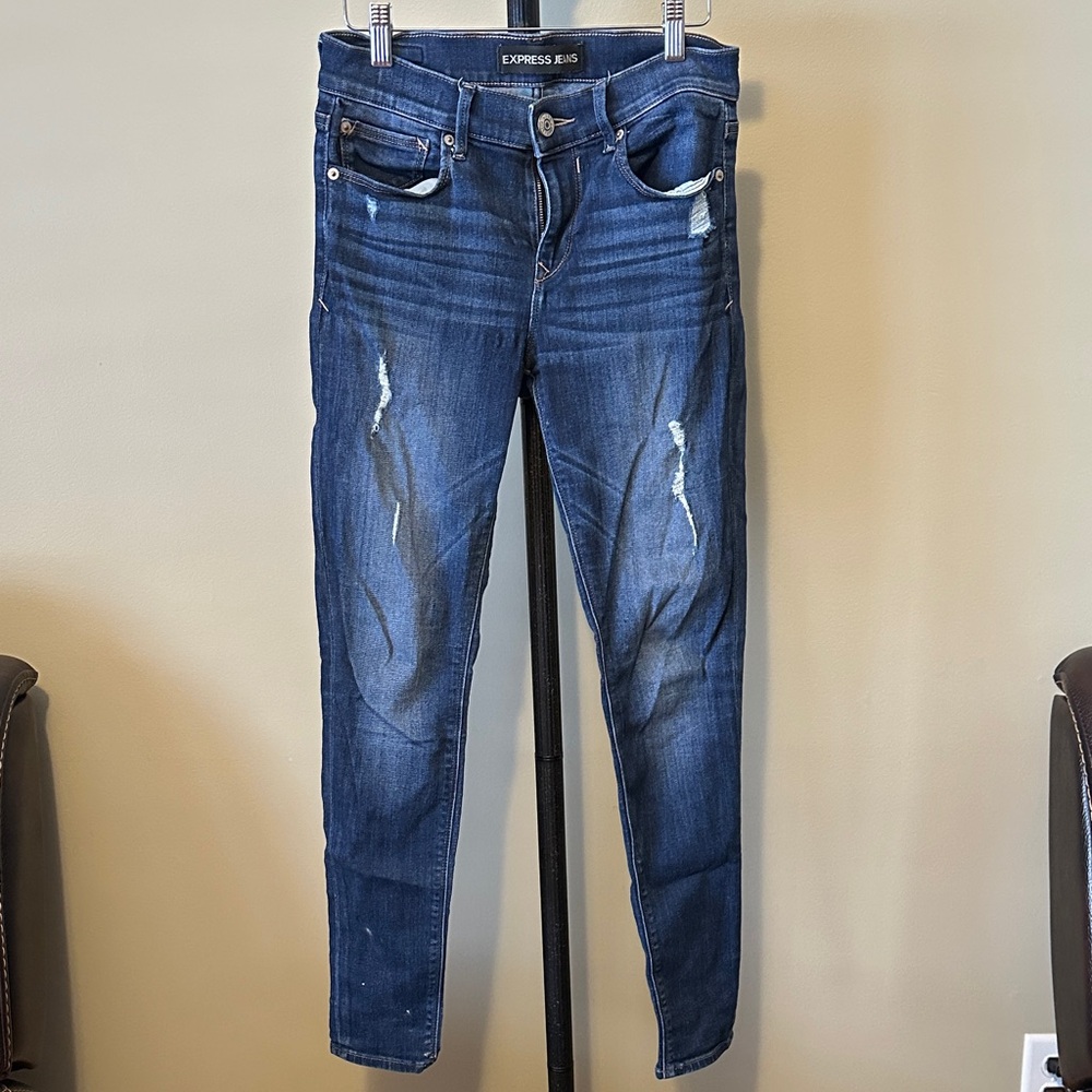 Express Dark Blue Ripped Skinny Jeans